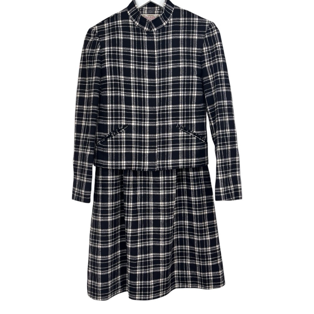 Young Pendleton 100% Wool Black Cream Checkered Plaid Pant Skirt Jacket 3 pc SET